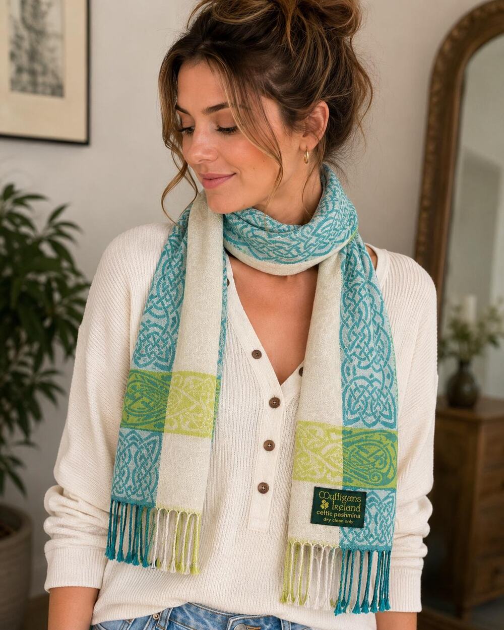 Mulligans Ireland Celtic Pashmina Scarf | Irish Celtic Knot Wrap | Aqua & Ivory
